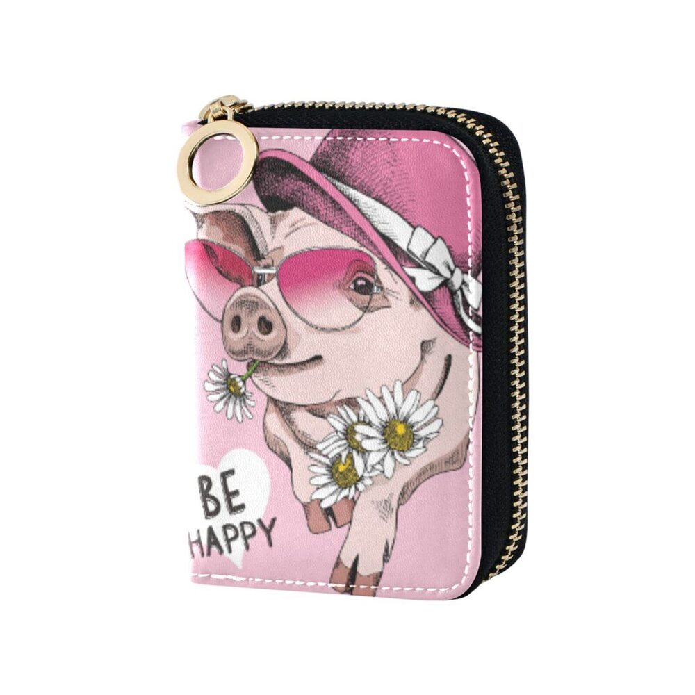 7796 Cute Pig Pink Small RFID Credit Card Holder Wallet Leather Zipper